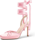 Satin Square-Toe Ballet High Heels with Lace-Up Bow