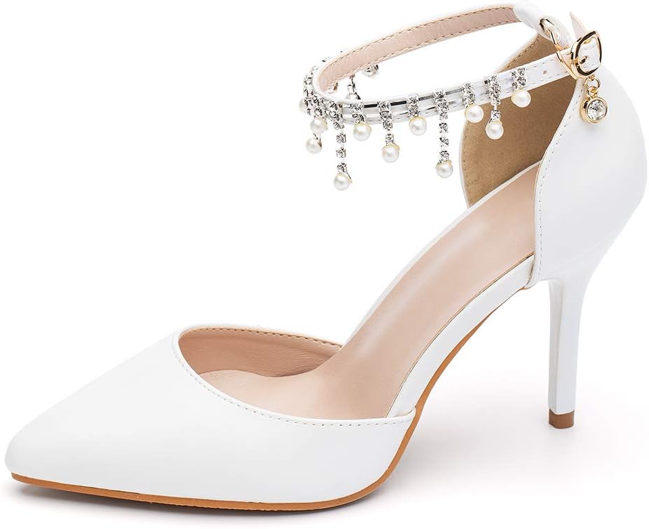 Pearl Ankle-Strap Pointed-Toe Wedding Pumps, 3.54-Inch