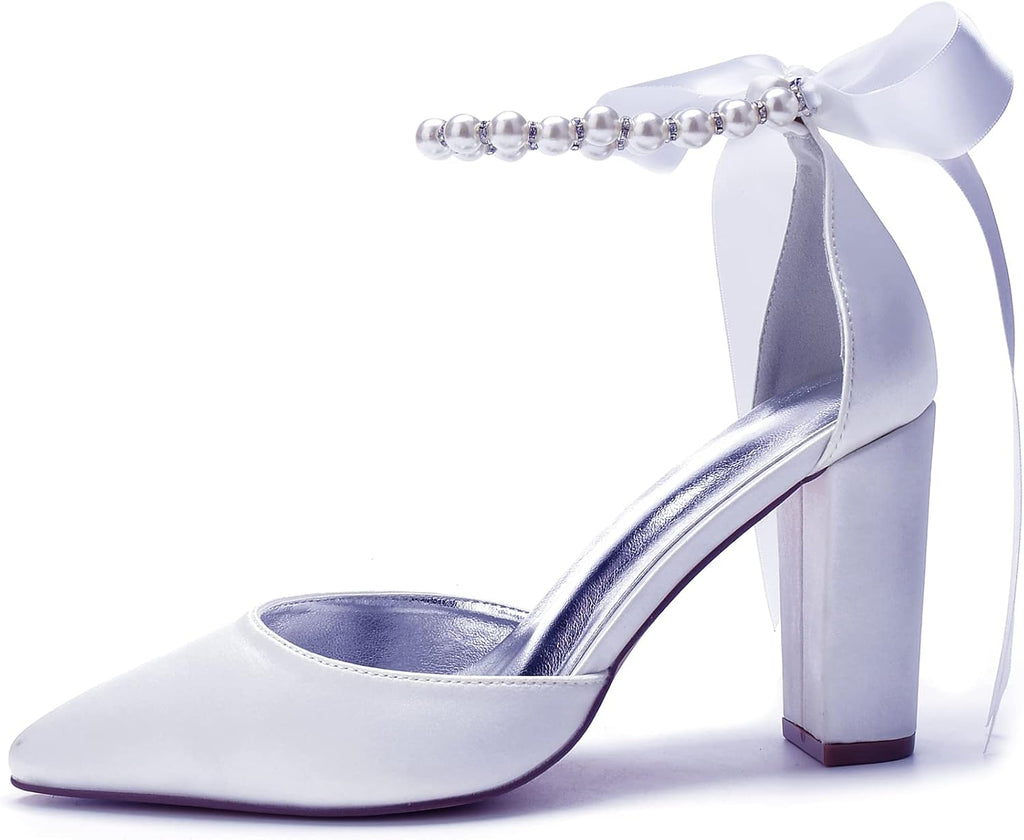 Pearl White Satin Block-Heel Bridal Pumps