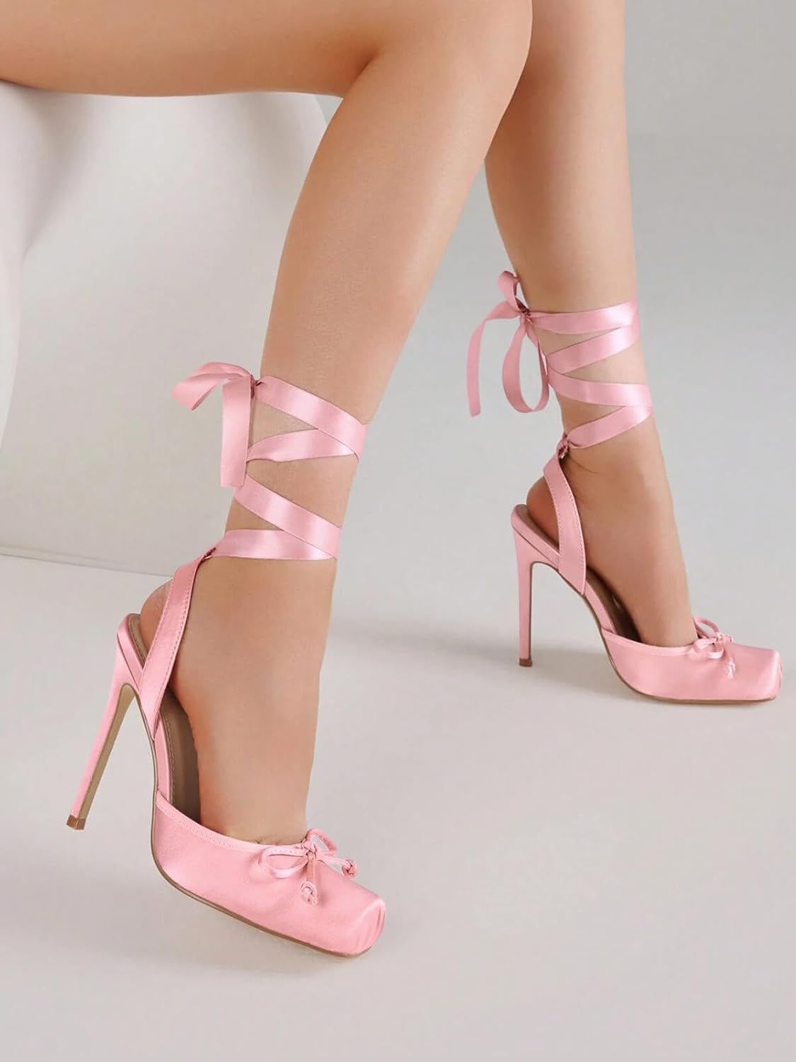 Satin Square-Toe Ballet High Heels with Lace-Up Bow
