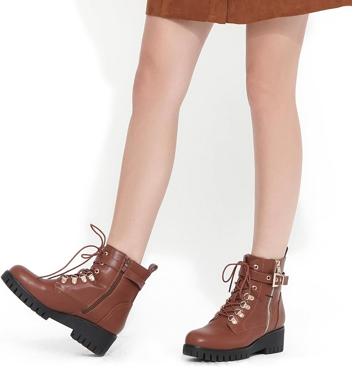 Side-Zip Lace-Up Wedge Platform Combat Booties