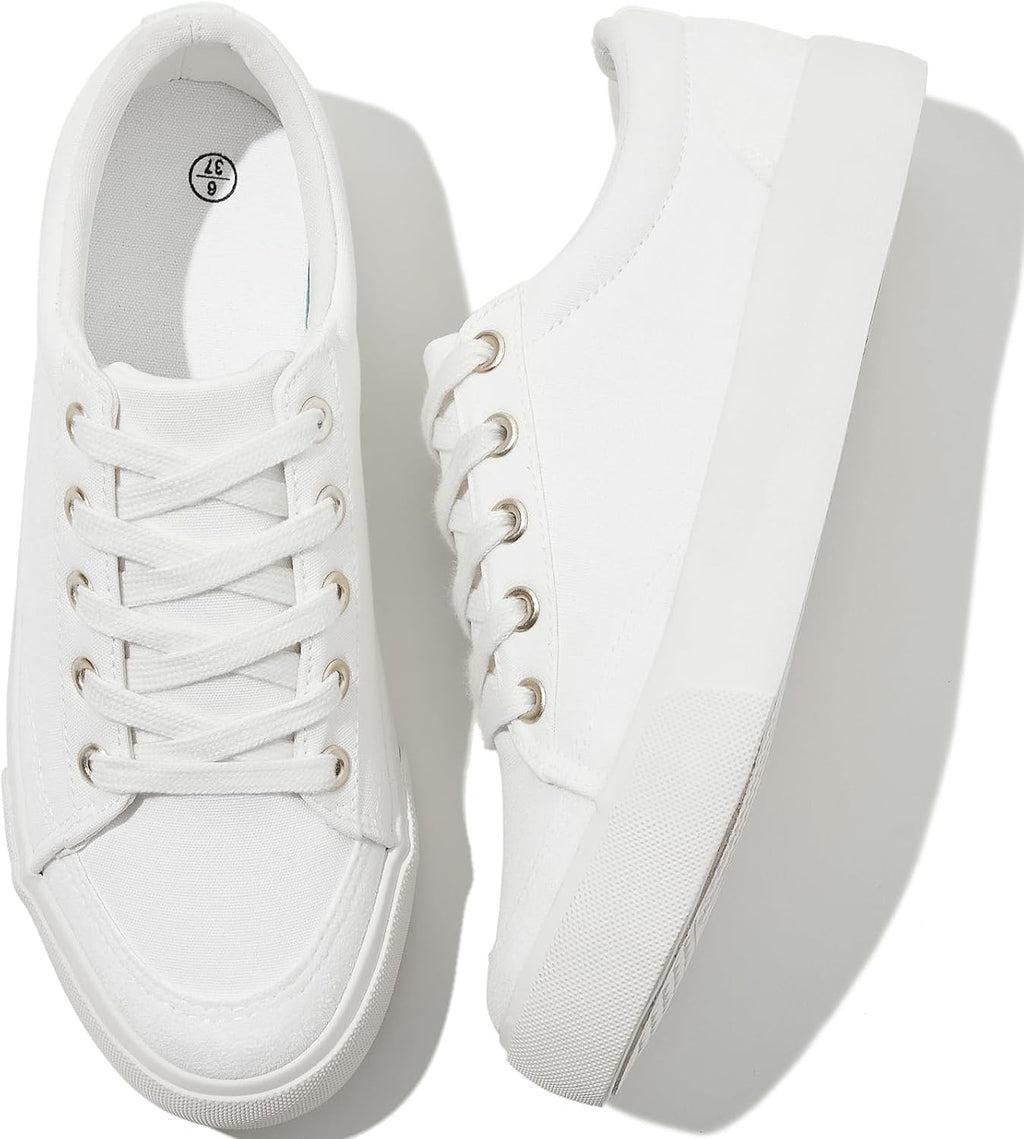 White Lace-Up Low-Top Canvas Tennis Sneakers