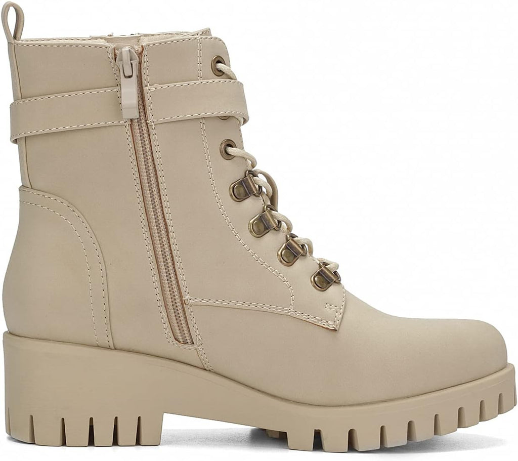 Wedge Side-Zip Lace-Up Round-Toe Combat Booties