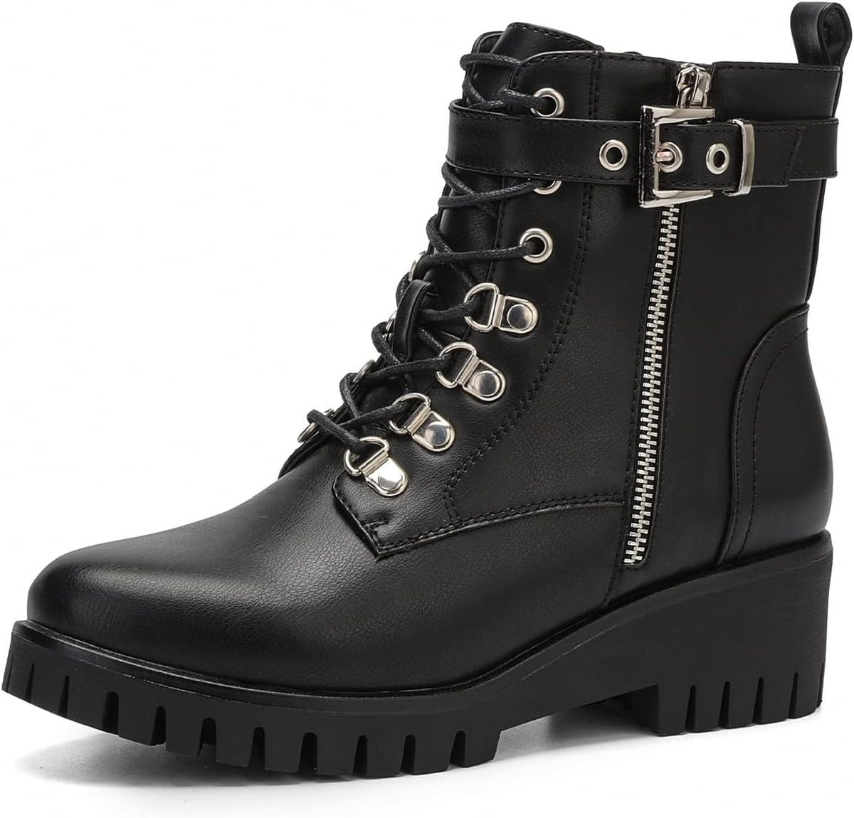 Round-Toe Wedge Combat Booties with Side Zip & Laces