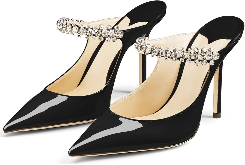 Rhinestone Strappy Pointed-Toe Stiletto Mules, Bridal Slip-On Sandals