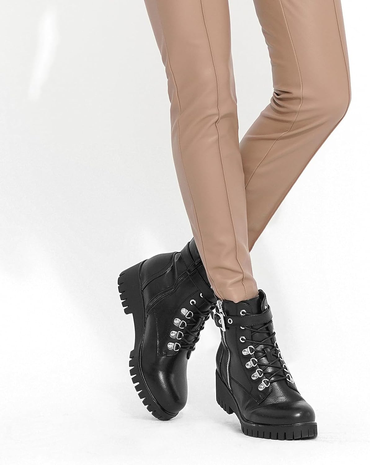 Round-Toe Wedge Combat Booties with Side Zip & Laces