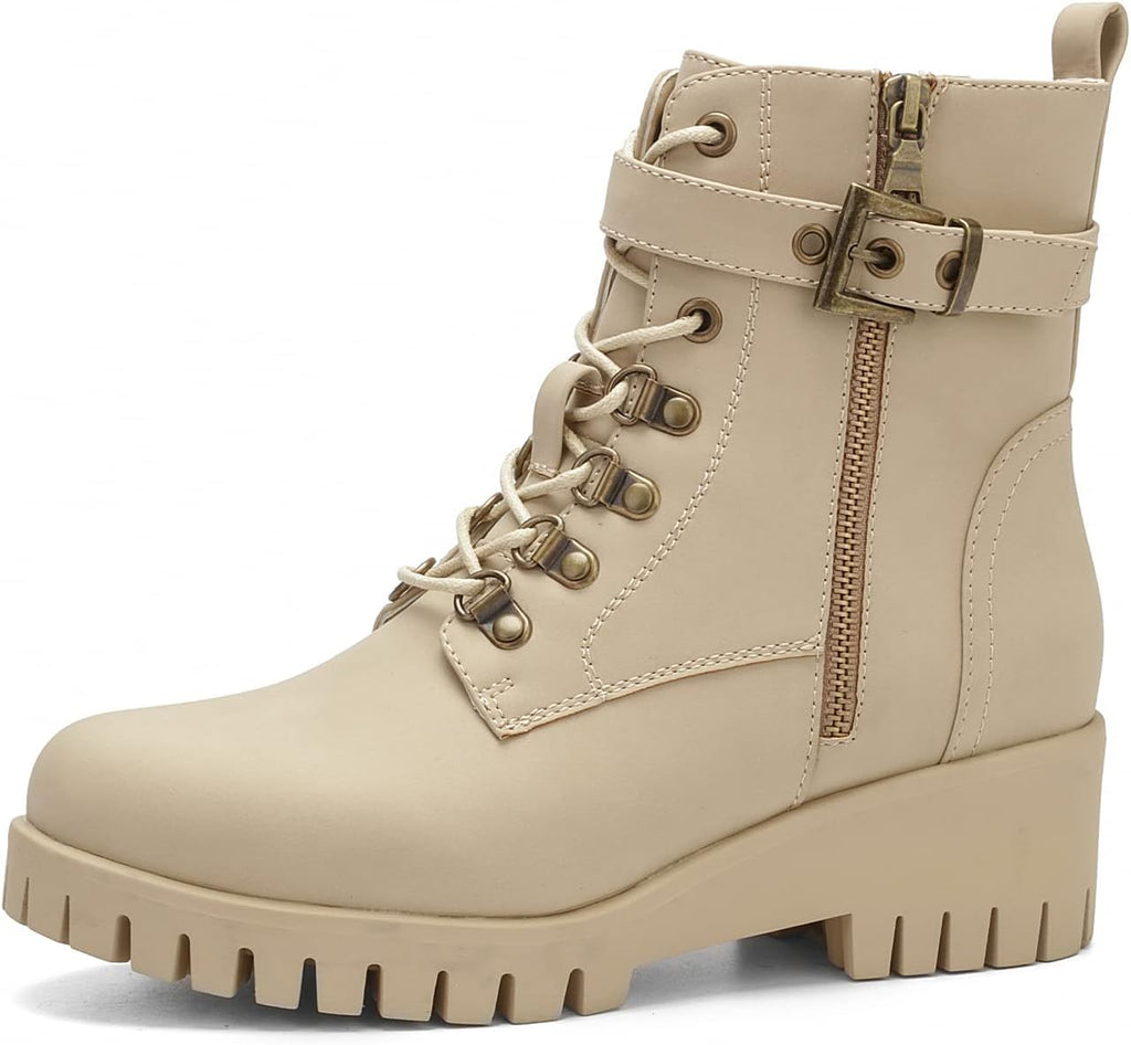 Wedge Side-Zip Lace-Up Round-Toe Combat Booties