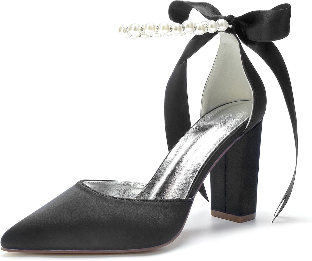 Pearl White Satin Block-Heel Bridal Pumps