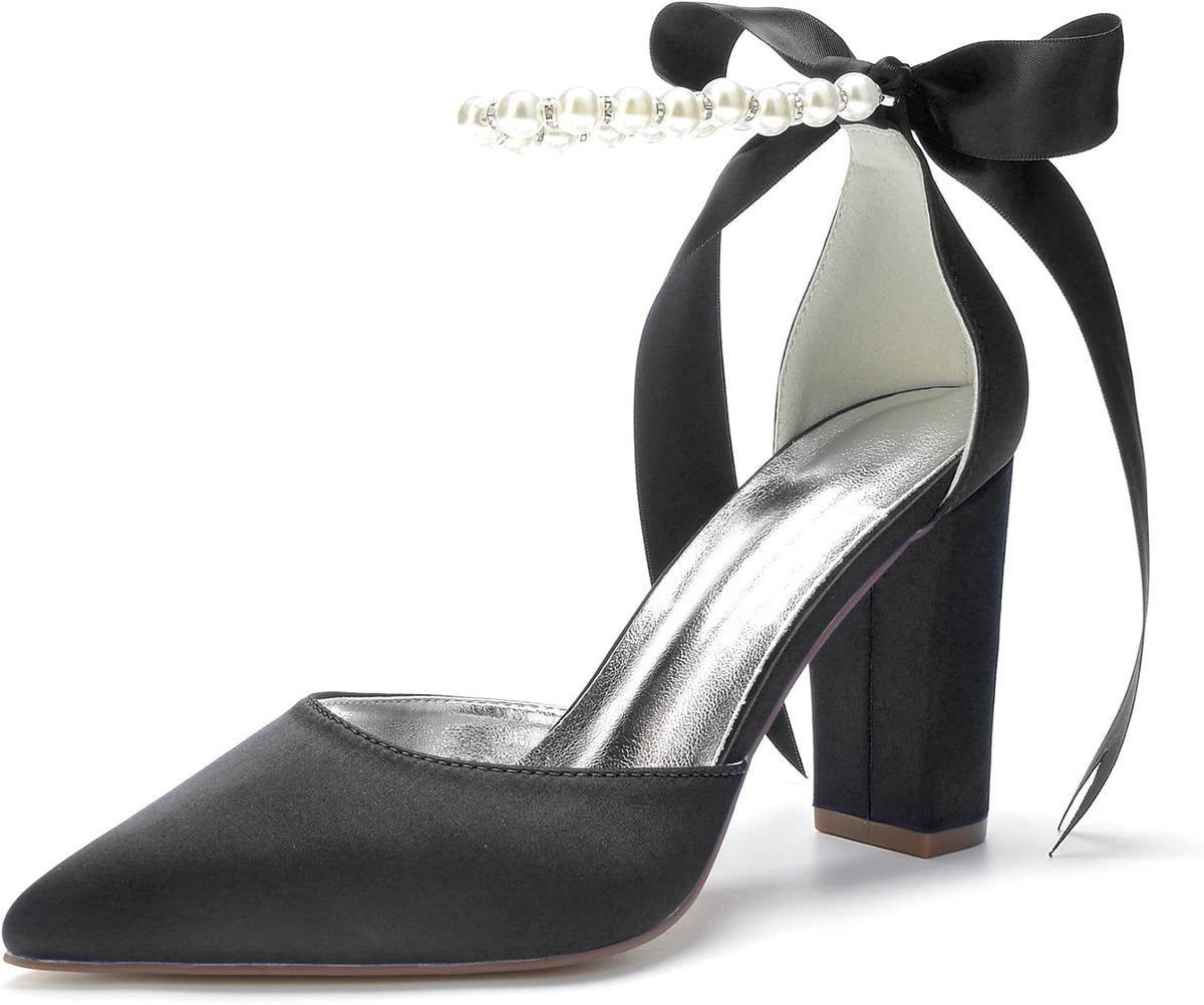 Pearl White Satin Block-Heel Bridal Pumps