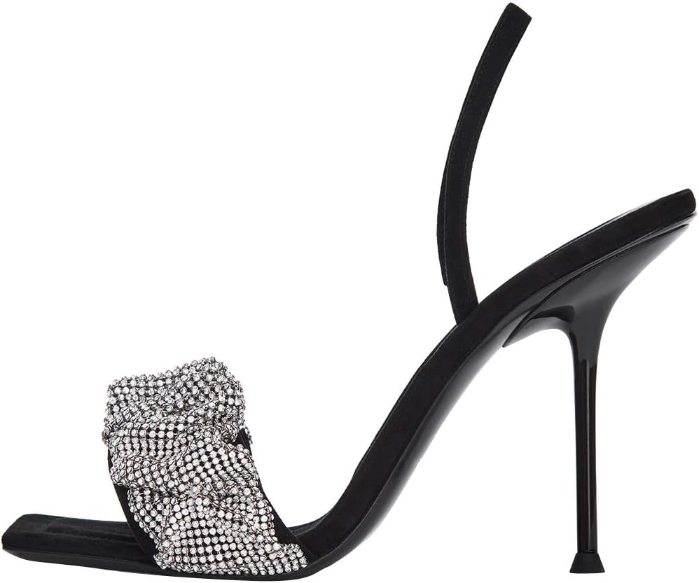 Square Open-Toe Rhinestone Slingback Stiletto Pumps