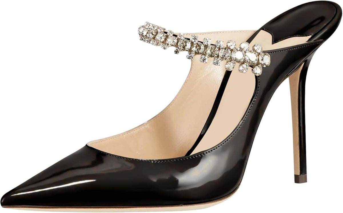 Rhinestone Strappy Pointed-Toe Stiletto Mules, Bridal Slip-On Sandals