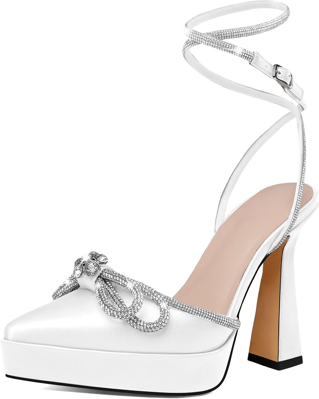 Rhinestone Double-Bow Satin Block Pumps, Ankle Strap, Lace-Up Wedding Sandals
