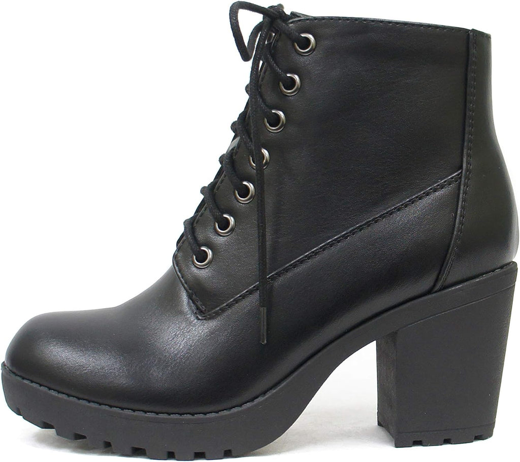 Lug-Sole Chunky-Heel Lace-Up Side-Zip Combat Bootie