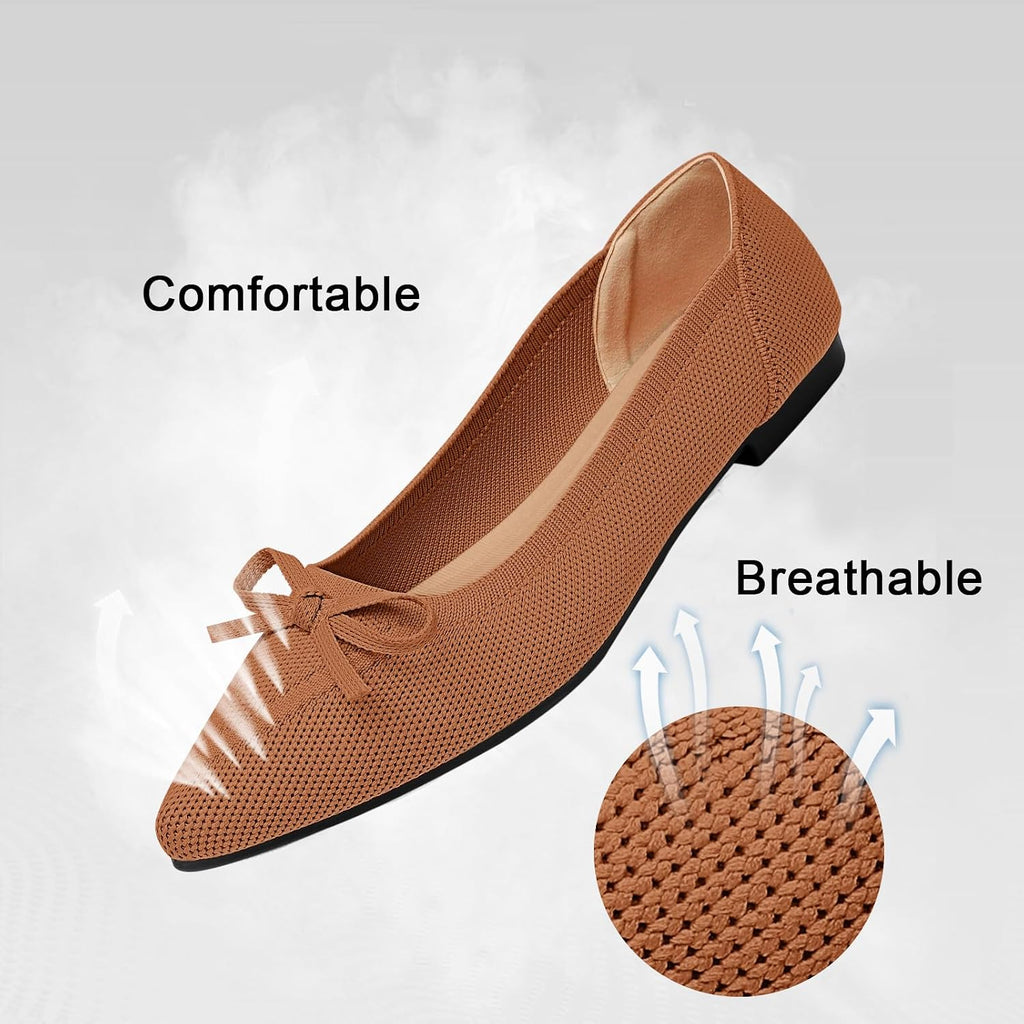 Pointed-Toe Bow Knit Mesh Flats