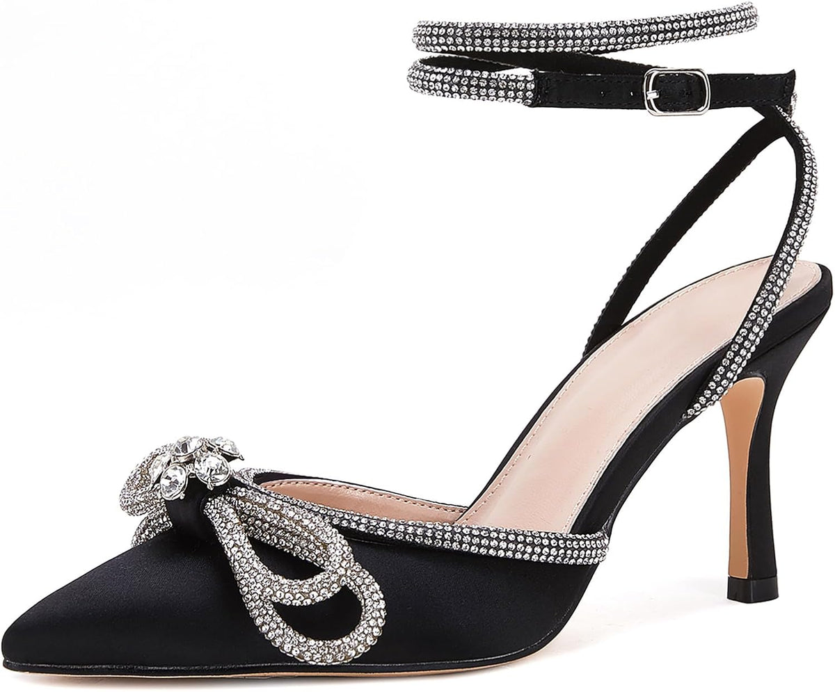 Double-Bow Crystal Ankle-Strap Backless Satin Stiletto Sandals