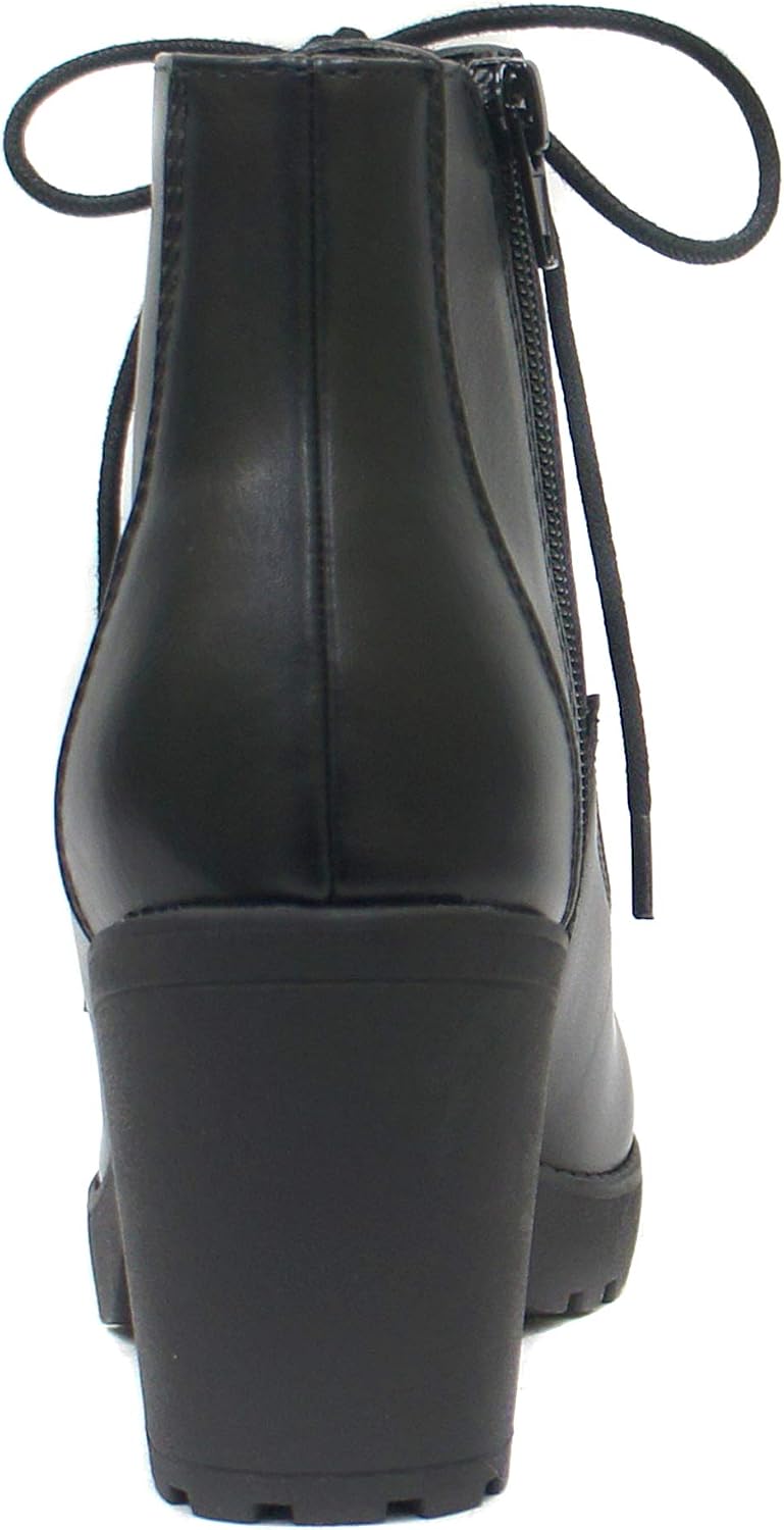 Lug-Sole Chunky-Heel Lace-Up Side-Zip Combat Bootie