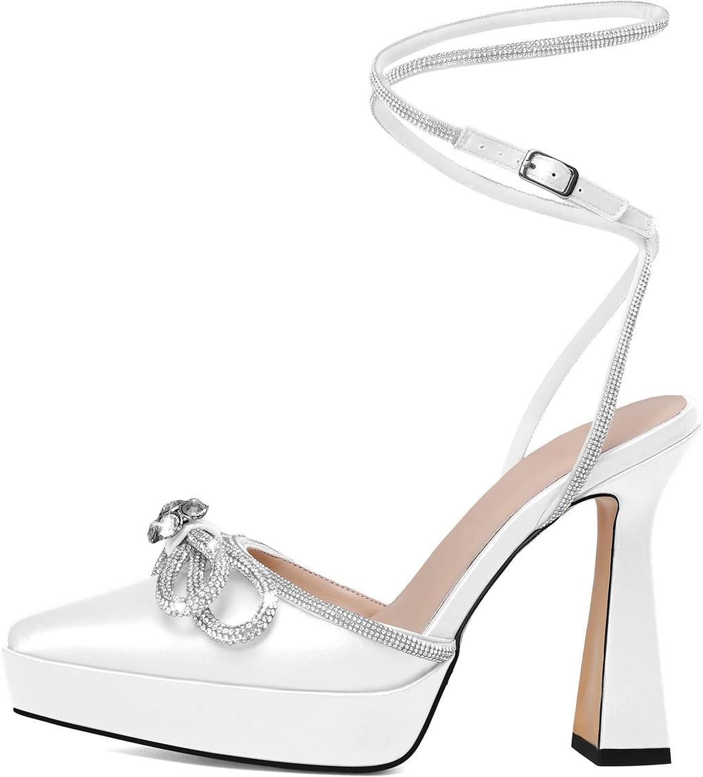 Rhinestone Double-Bow Satin Block Pumps, Ankle Strap, Lace-Up Wedding Sandals