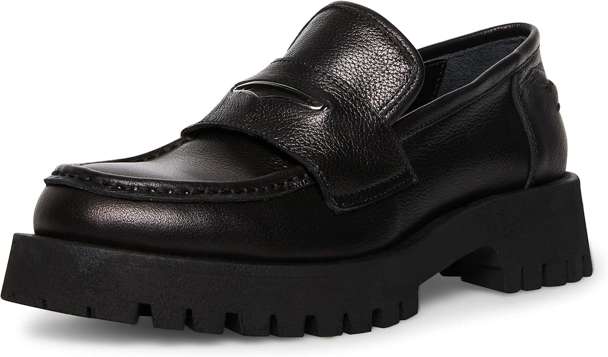 Black Leather Round-Toe Slip-On Loafers